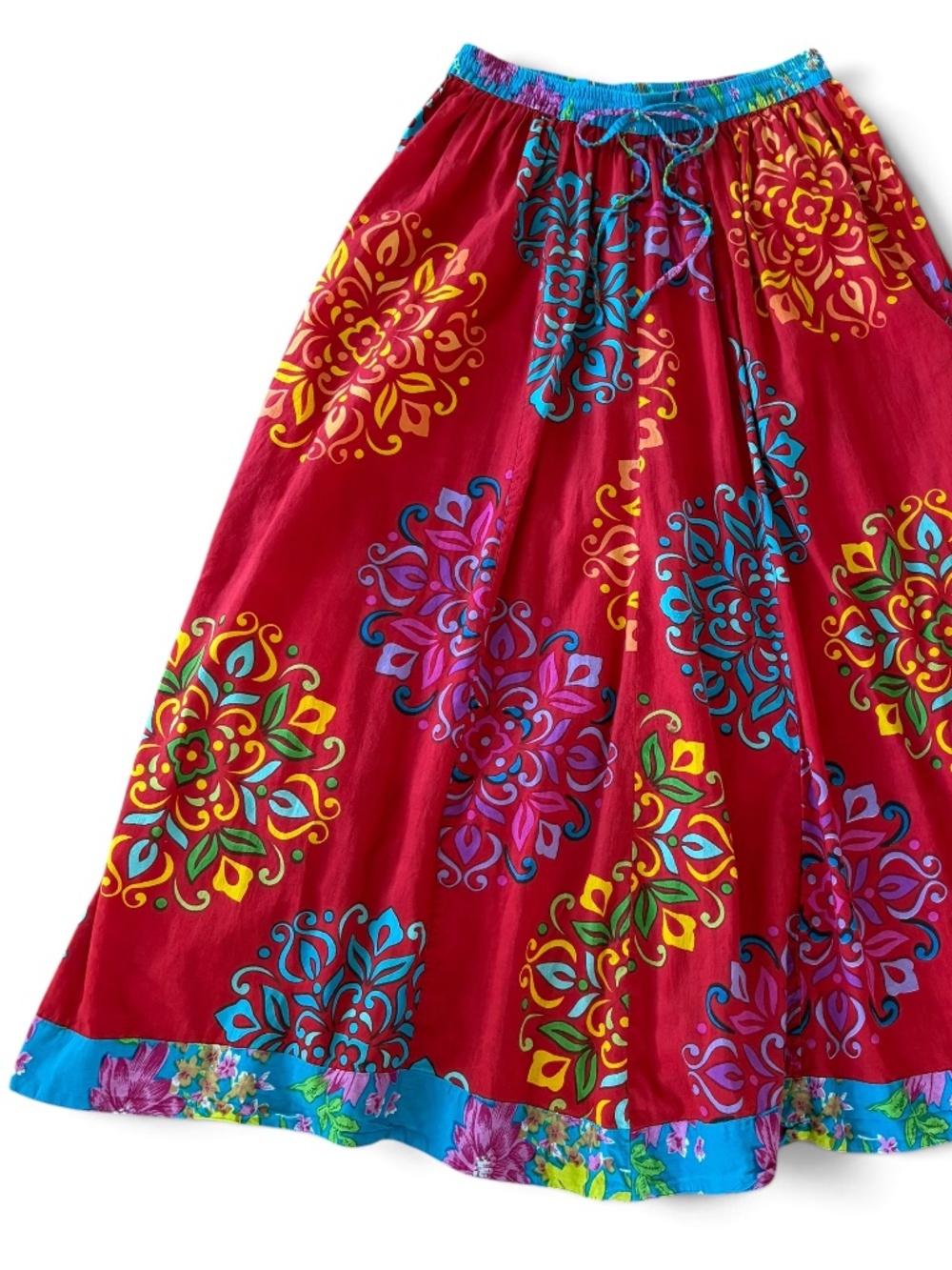 Fall Red Boho Floral Patchwork Midi Maxi Skirt